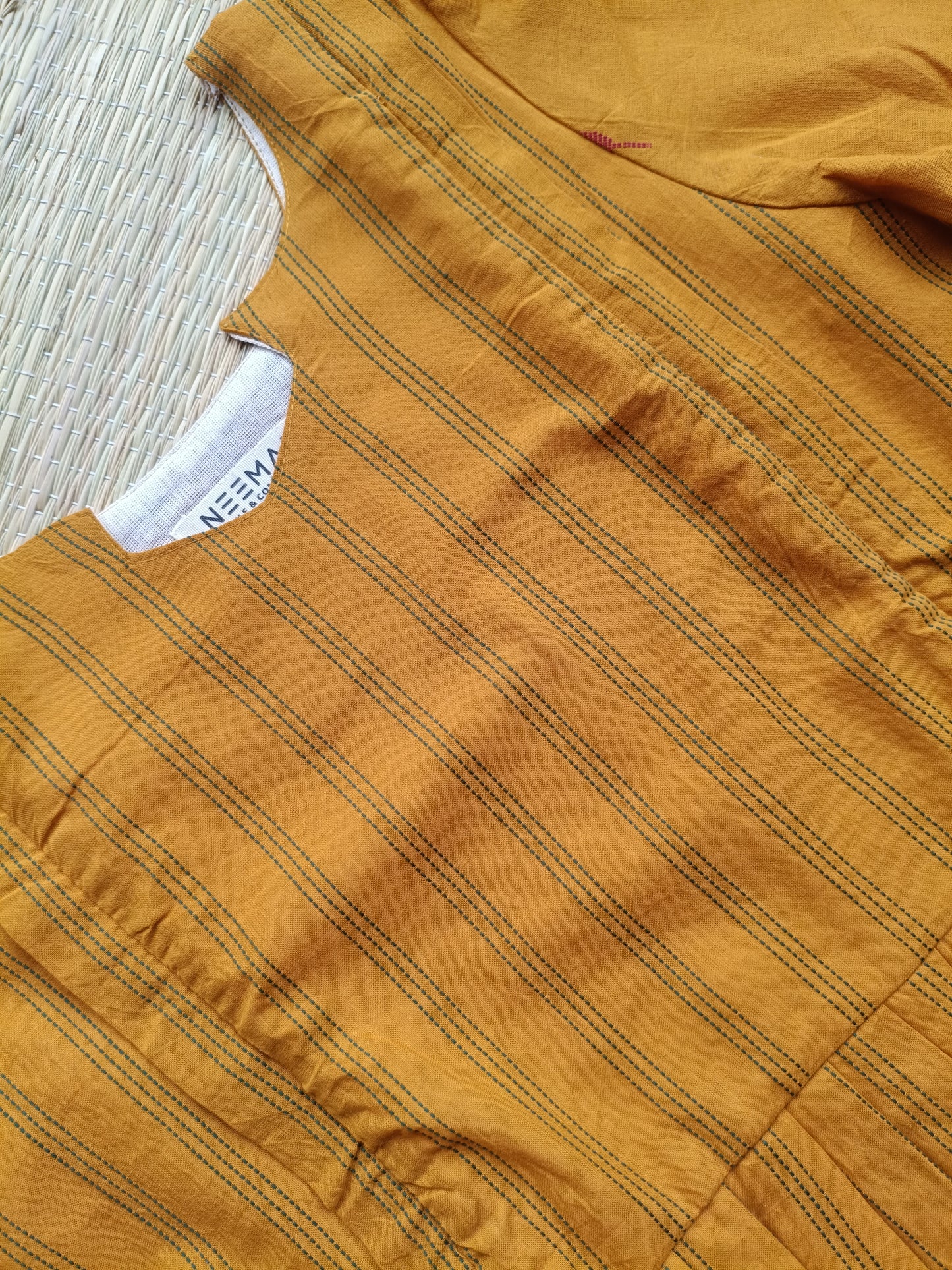 Handloom Cotton Maternity Feeding Gown/Maxi /Double Side Zip- yellow 3 green line