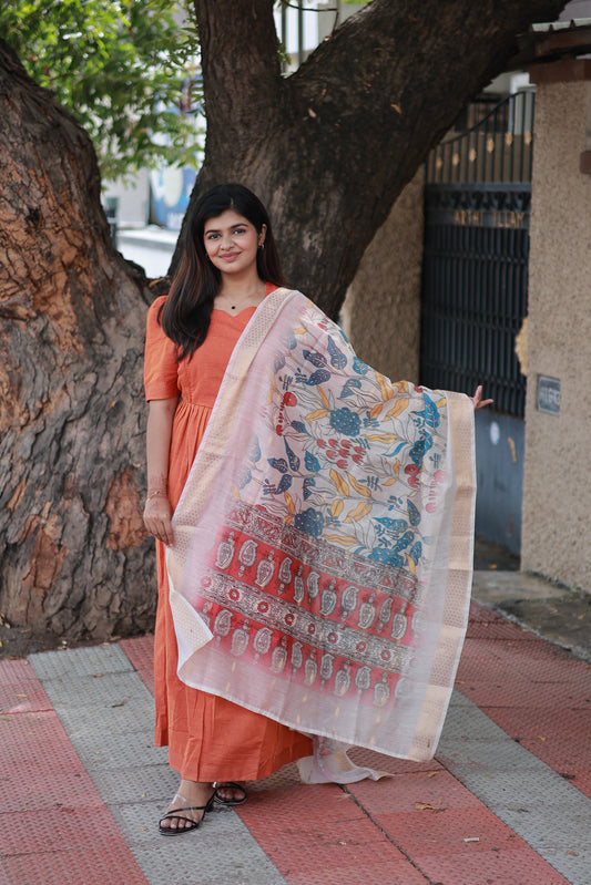 Chettinad Cotton -2 pc set -Maternity Maxi/Gown - Festival Collection -Full cotton lining- Double side zip with dupatta- Orange With multi color