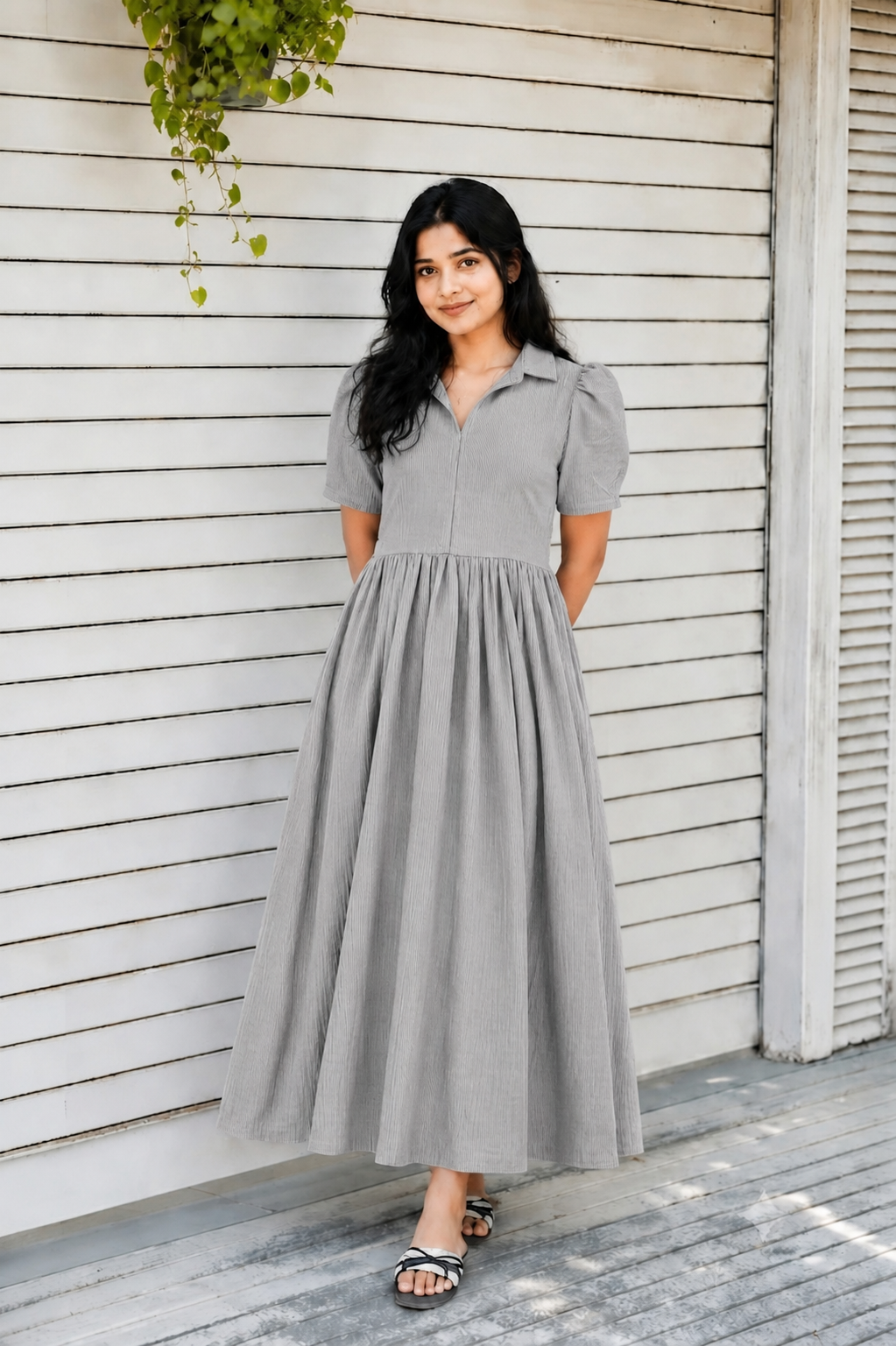 Prewashed handloom Cotton - Feeding/ Maternity Maxi/Gown - Cotton lining /Center zip -Collar Grey stripe