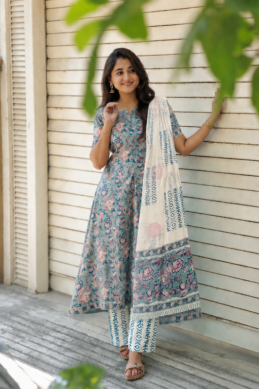 Premium soft Cotton Maternity 3 pc chudidhar set [ Top with center zip, pant and dupatta ] -A line Top - ( No side open) Blue
