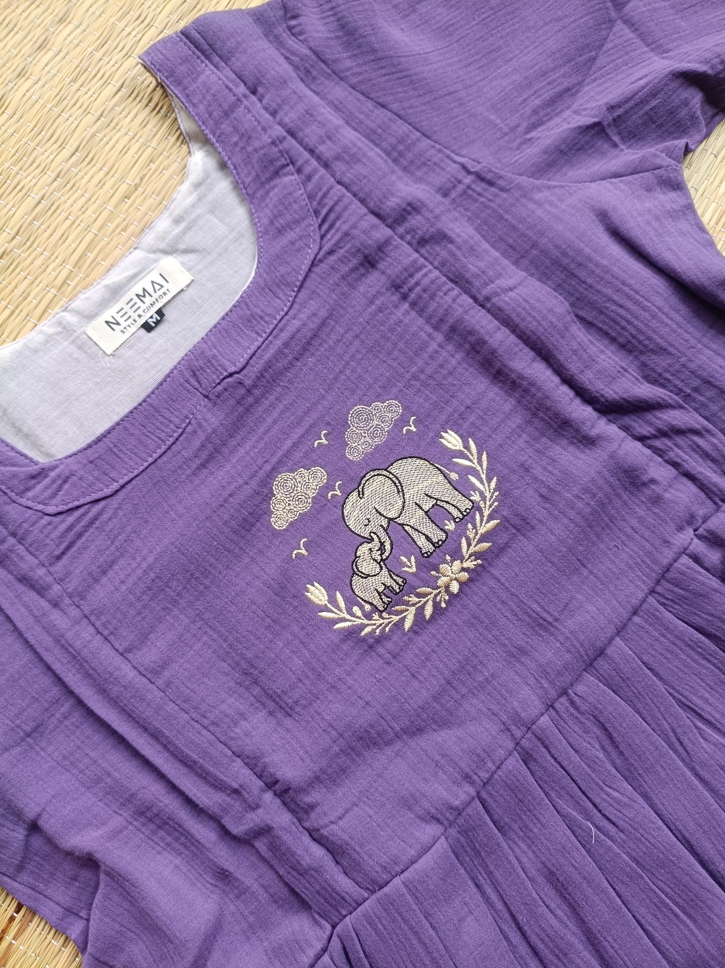 Muslin Cotton Maternity Feeding Dress – Purple | Double Side Nursing Zip( elephant embroidery Design)