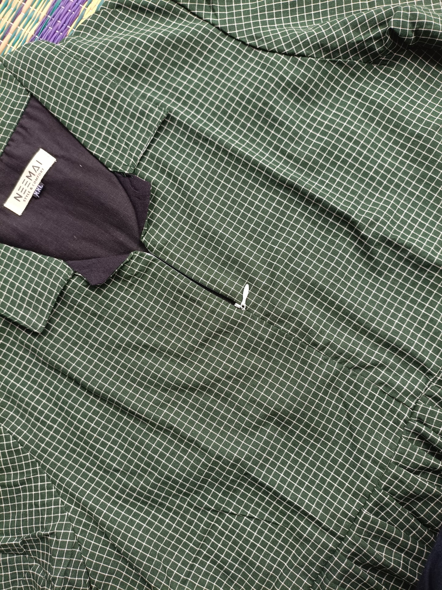 Prewashed handloom Cotton - Feeding/ Maternity Maxi/Gown - Cotton lining /Center zip -Collar Small green checks