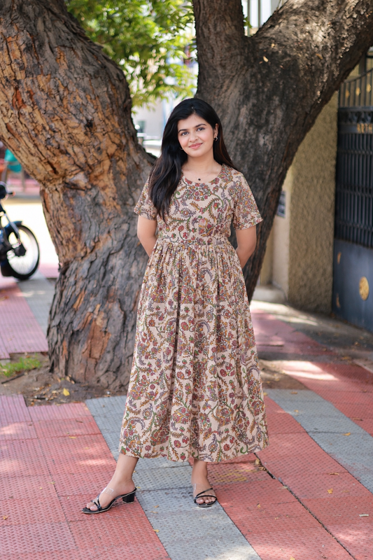 Kalamkari Cotton Maternity Feeding Gown/ Maxi /Double Side Zip-  Mini red flower