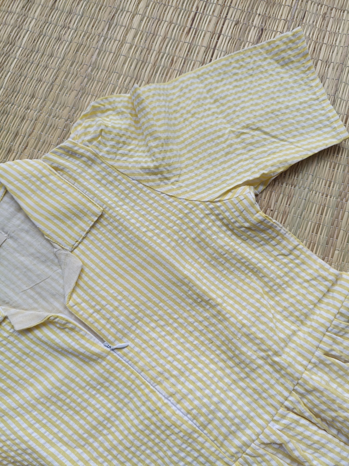 Popcorn Cotton - Feeding/ Maternity Maxi/Gown - Cotton lining /Center zip -Collar White with Yellow stripe