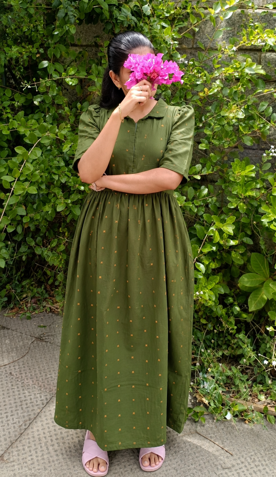 Premium Cotton - Feeding/ Maternity Maxi/Gown - Cotton lining /Center zip -Collar Green and Sandal butta