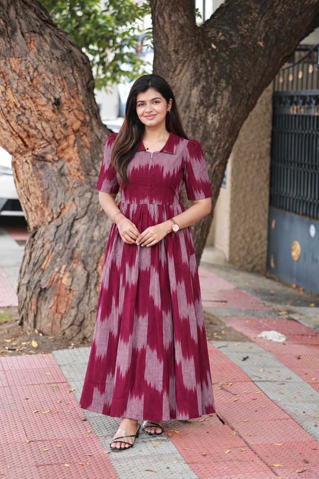 Ikkat Cotton Maternity Feeding Gown/ Maxi / Center  zip– Maroon with pink