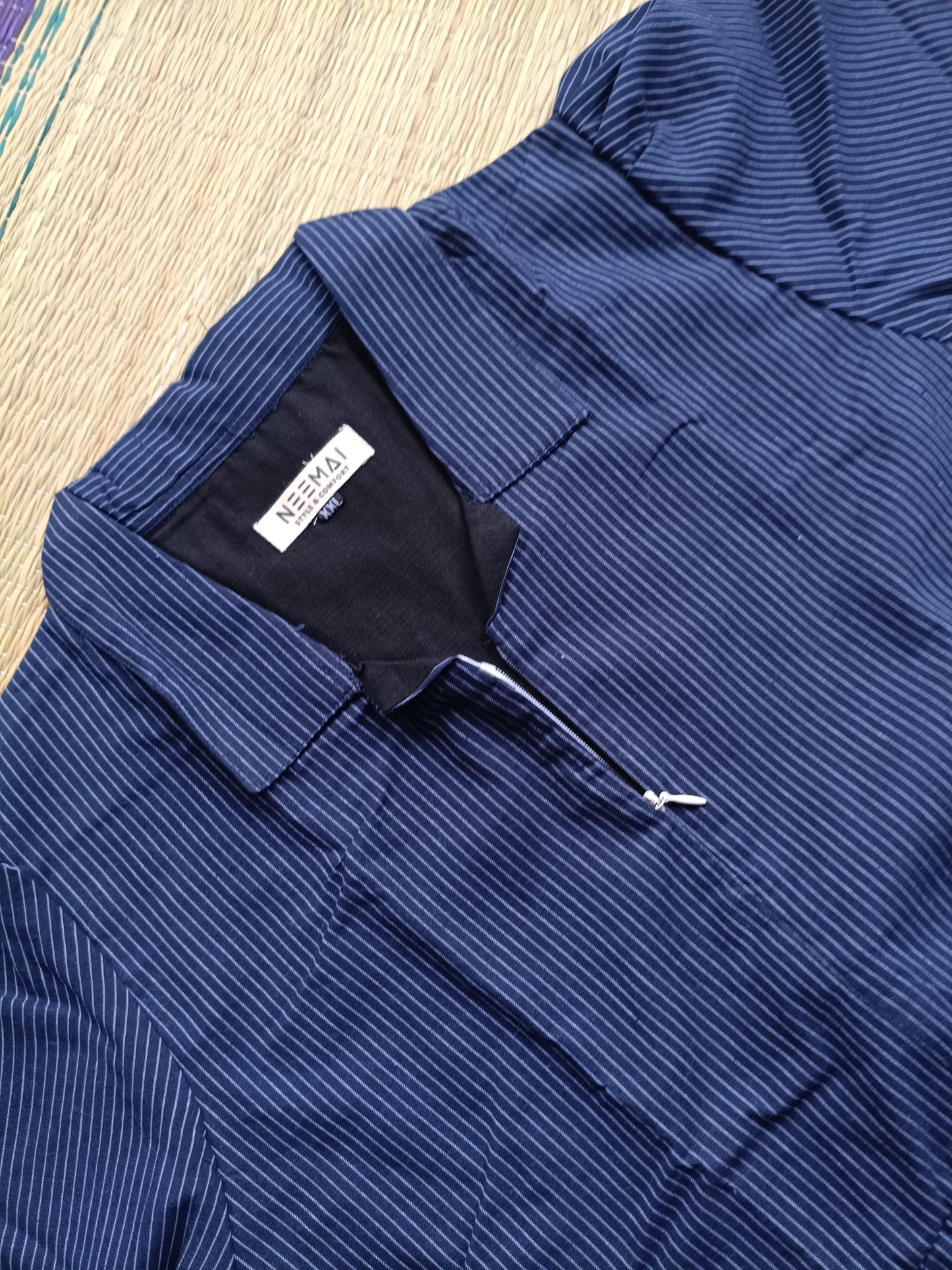 Prewashed handloom Cotton - Feeding/ Maternity Maxi/Gown - Cotton lining /Center zip -Collar  navy Blue stripe