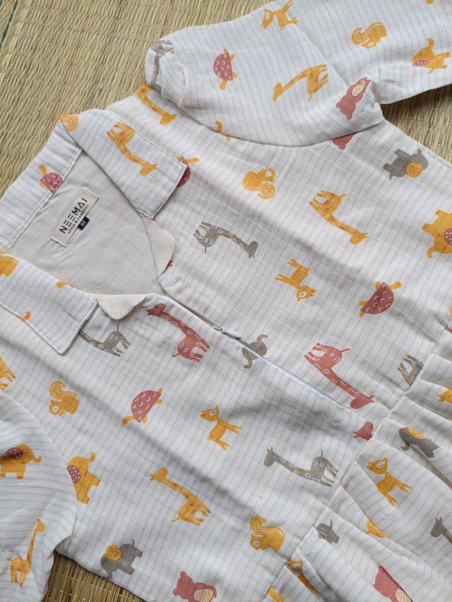 Premium Muslin - Feeding/ Maternity Maxi/Gown - Cotton lining /Center zip -Collar multi color animals