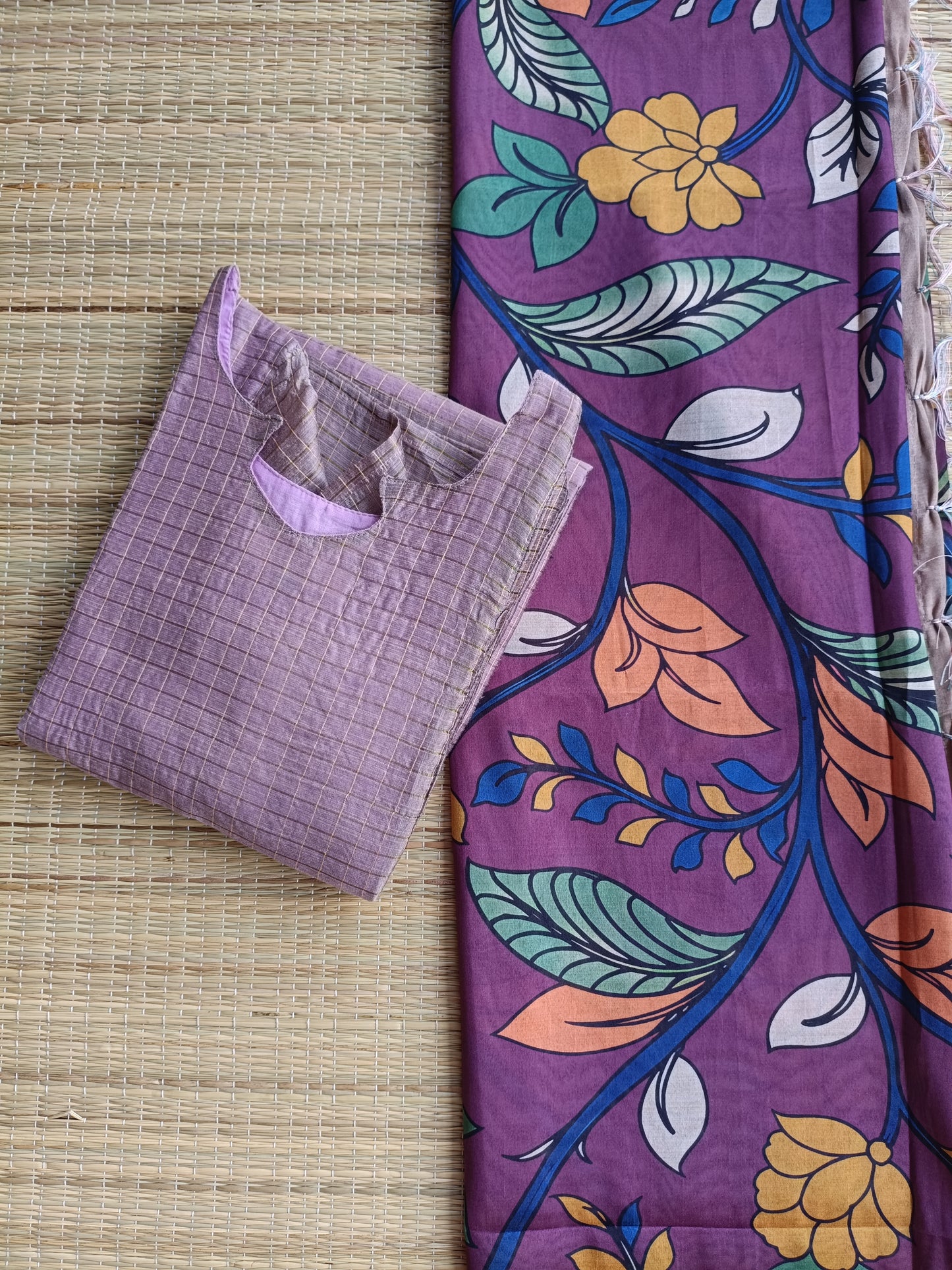 Raw Silk Maternity 2 Pc Chudidhar Set – Rose gold checks/Double side Zip (Side Open Top + Dupatta)