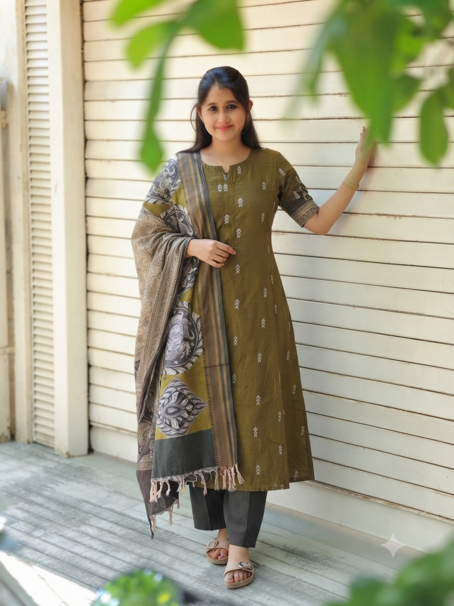Raw silk Maternity 2 pc chudidhar set [ Top with center side zip, and dupatta - Olive green