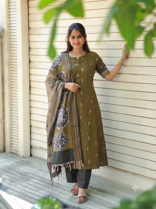Raw silk Maternity 2 pc chudidhar set [ Top with center side zip, and dupatta - Olive green