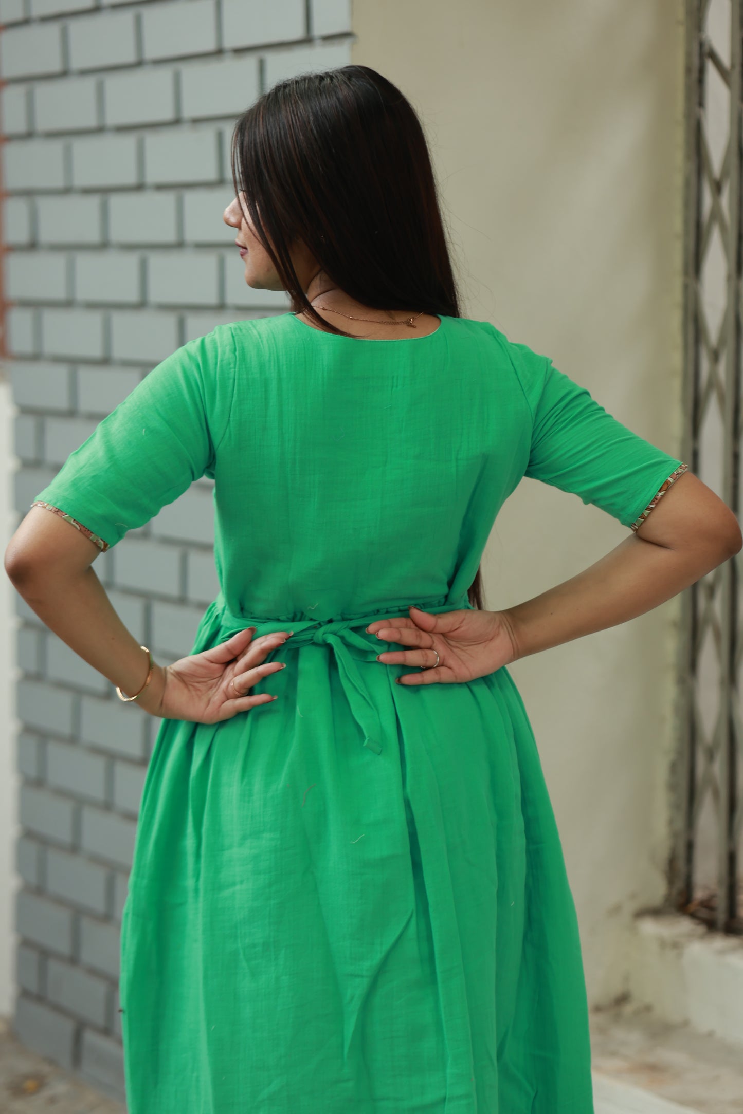 Premium Muslin- Feeding/ Maternity Maxi/Gown - Cotton lining /Double side zip - Parrot Green