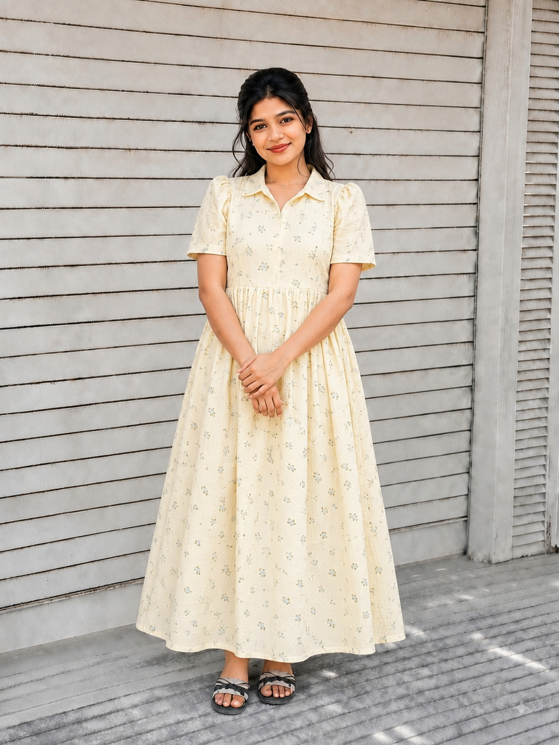 Premium Muslin - Feeding/ Maternity Maxi/Gown - Cotton lining /Center zip -Collar Yellow with flower