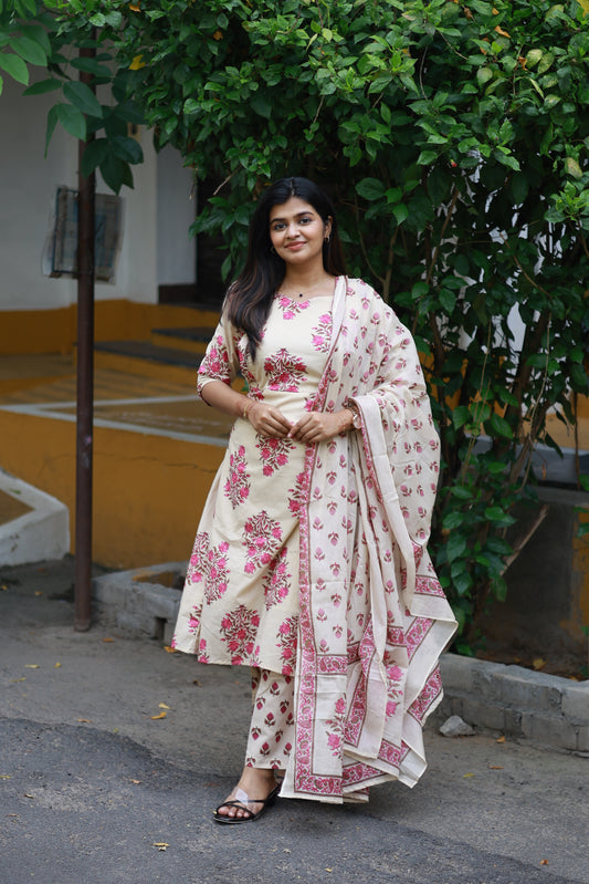 Cotton /Maternity 3 pc chudidhar set [ A line Top with double side zip, pant and dupatta] -Sandal  with pink flower ( No side open top)
