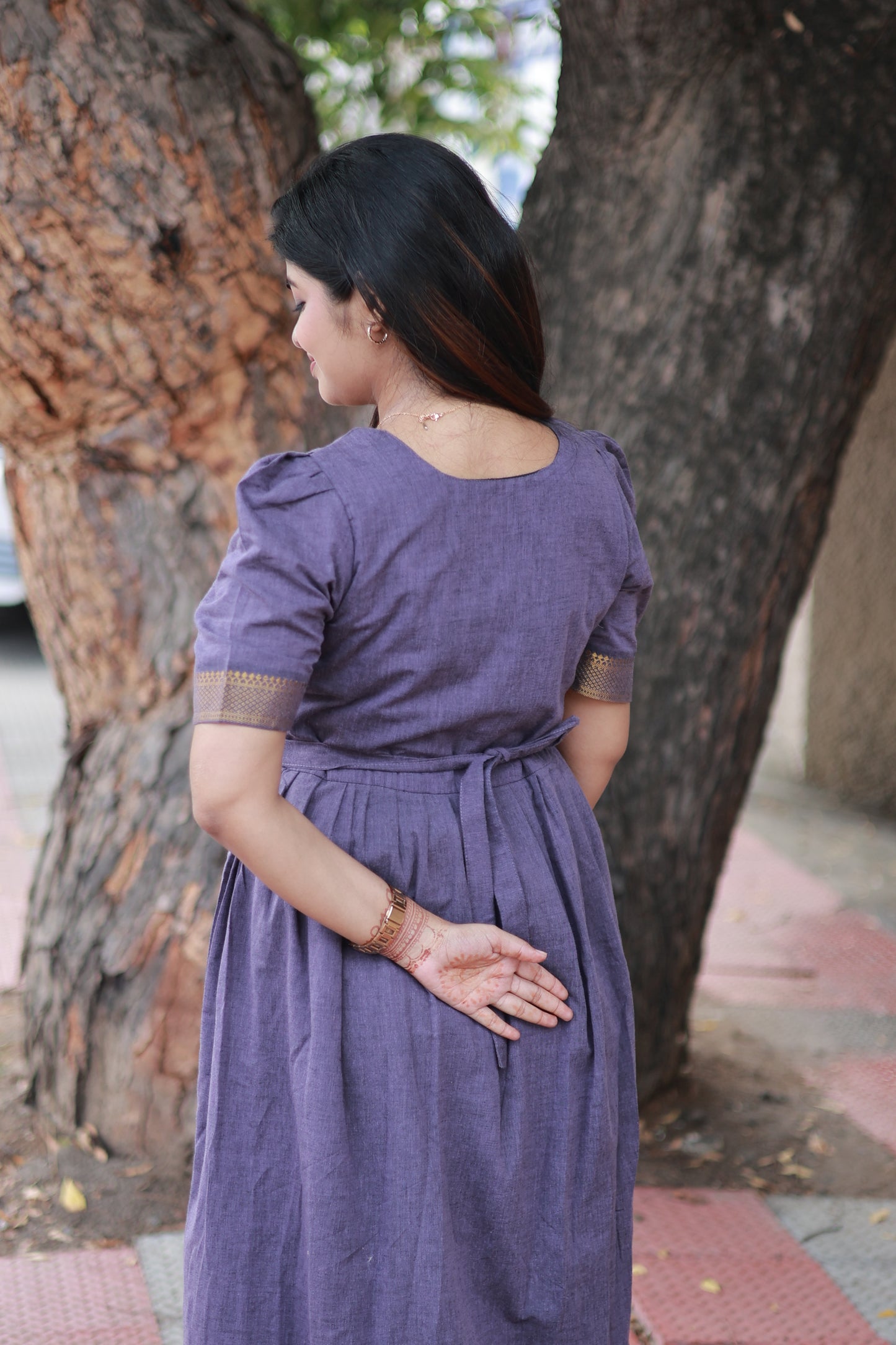 Chettinad Cotton -2 pc set -Maternity Maxi/Gown - Festival Collection -Full cotton lining- Double side zip with dupatta- Purple