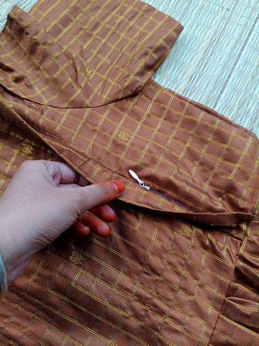 Raw silk Maternity Maxi/Gown - Festival Collection - Coffee brown chettinad checks