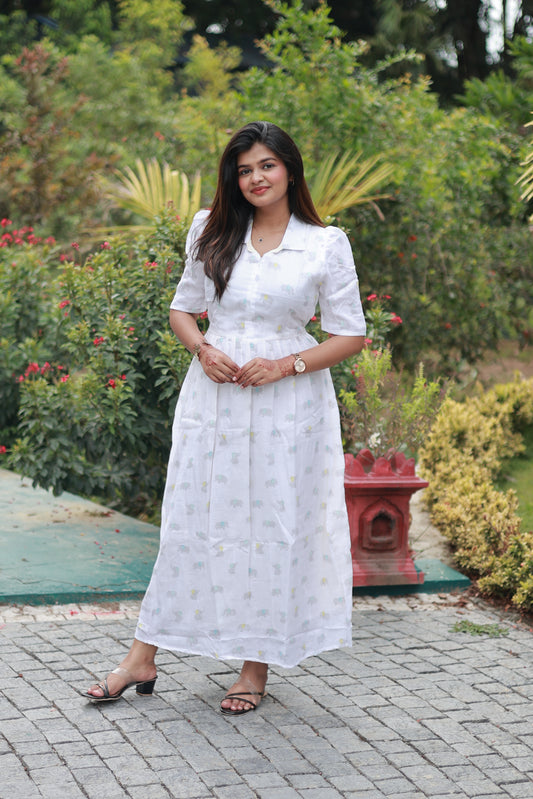 Photoshoot Gown-  Premium Muslin -  Maternity/Double side zip -  White with mini elephant