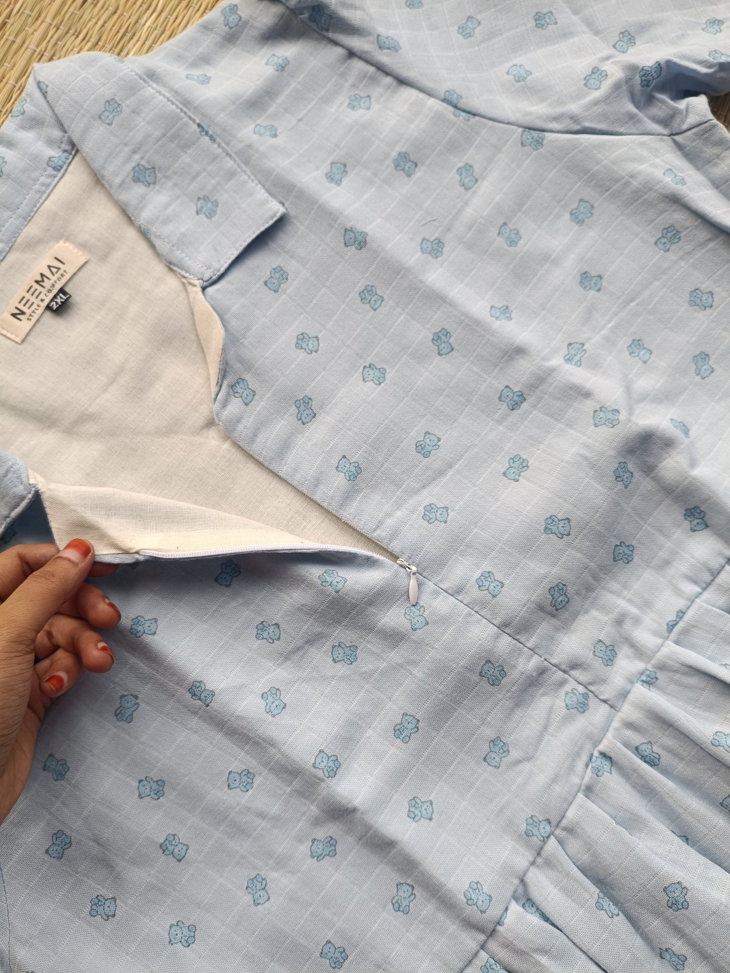 Premium Muslin - Feeding/ Maternity Maxi/Gown - Cotton lining /Center zip -Collar blue teddy