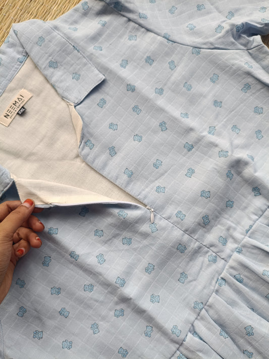 Premium Muslin - Feeding/ Maternity Maxi/Gown - Cotton lining /Center zip -Collar blue teddy