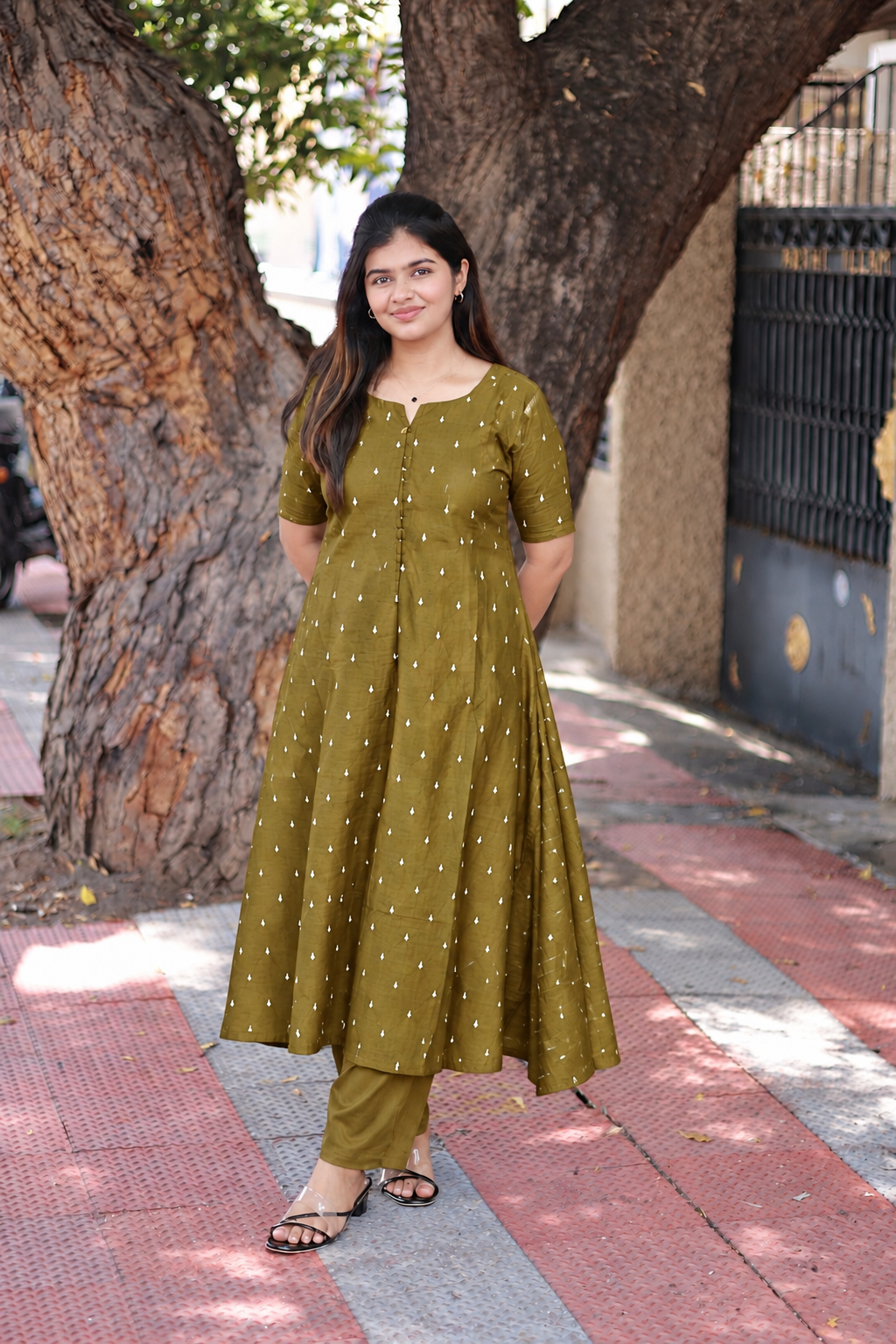 Raw Silk Maternity 3 Pc Chudidhar Set – Olive (Center Zip, No Side Top)
