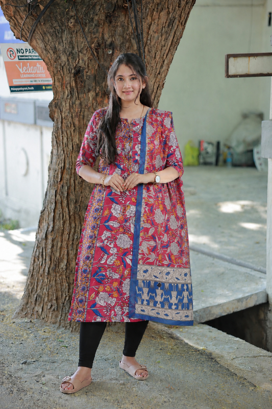 Block printed kalamkari cotton Maternity 2 pc chudidhar set [ Top with double side zip, and dupatta - Red Flower