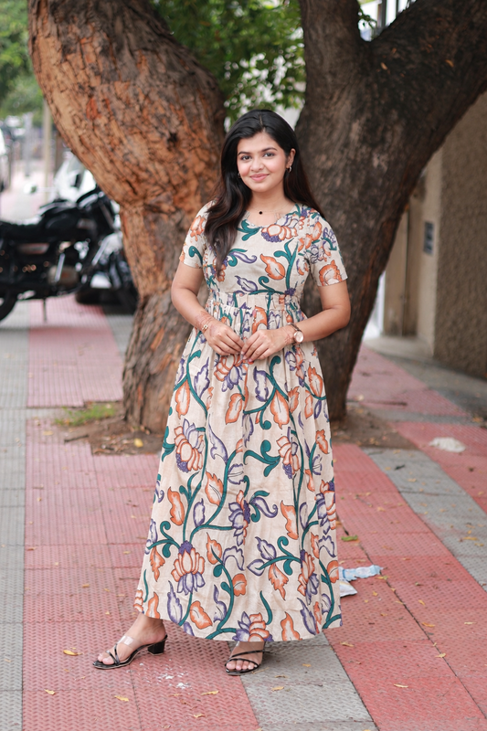 Kalamkari Cotton Maternity Feeding Gown/ maxi / Double side zip– Border orange lotus and Peacock green