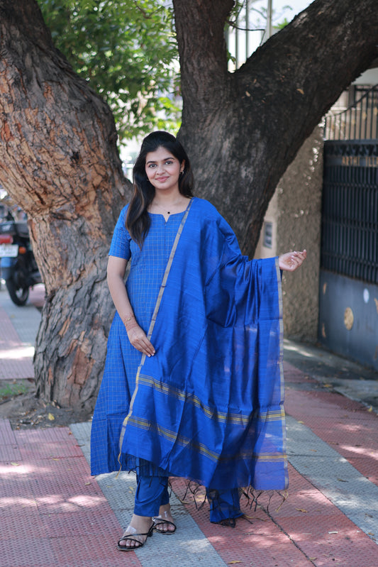 Raw Silk Maternity 3 Pc Chudidhar Set – Blue Checks | Center Zip, No Side Open