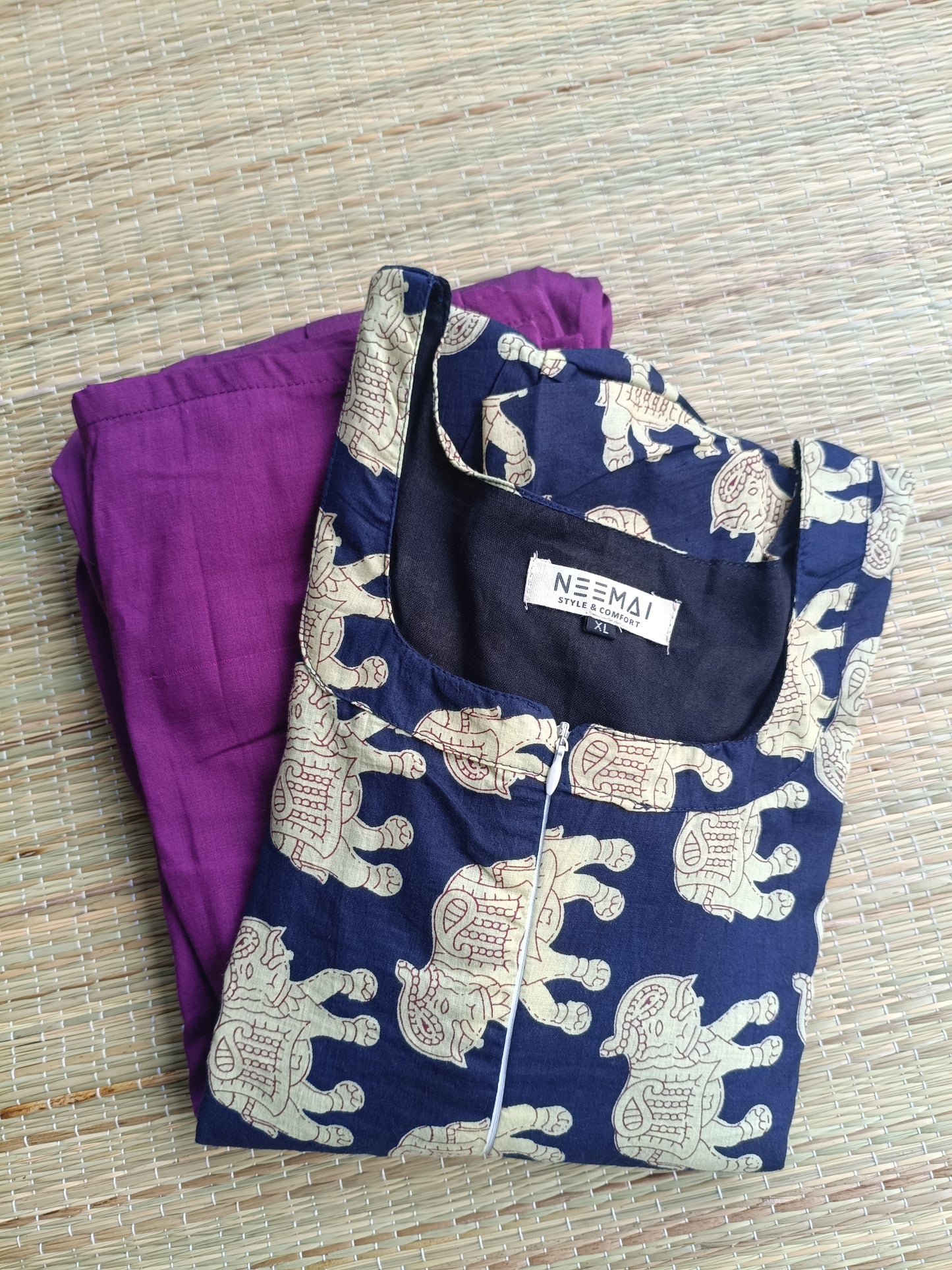 Cotton / Raw silk Maternity Maxi/Gown in center zip - Festival Collection- Full cotton lining - Violet with navy pichwai