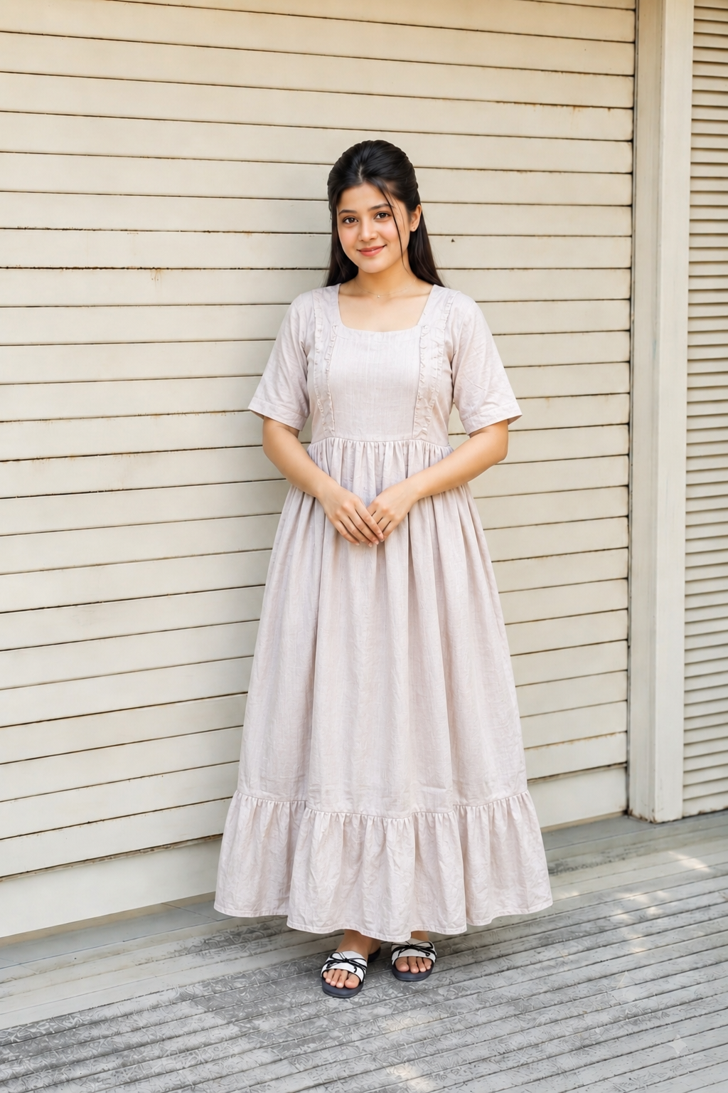 Baptism/Photoshoot Gown-  Premium Muslin -  Maternity/Double side zip -  Half white