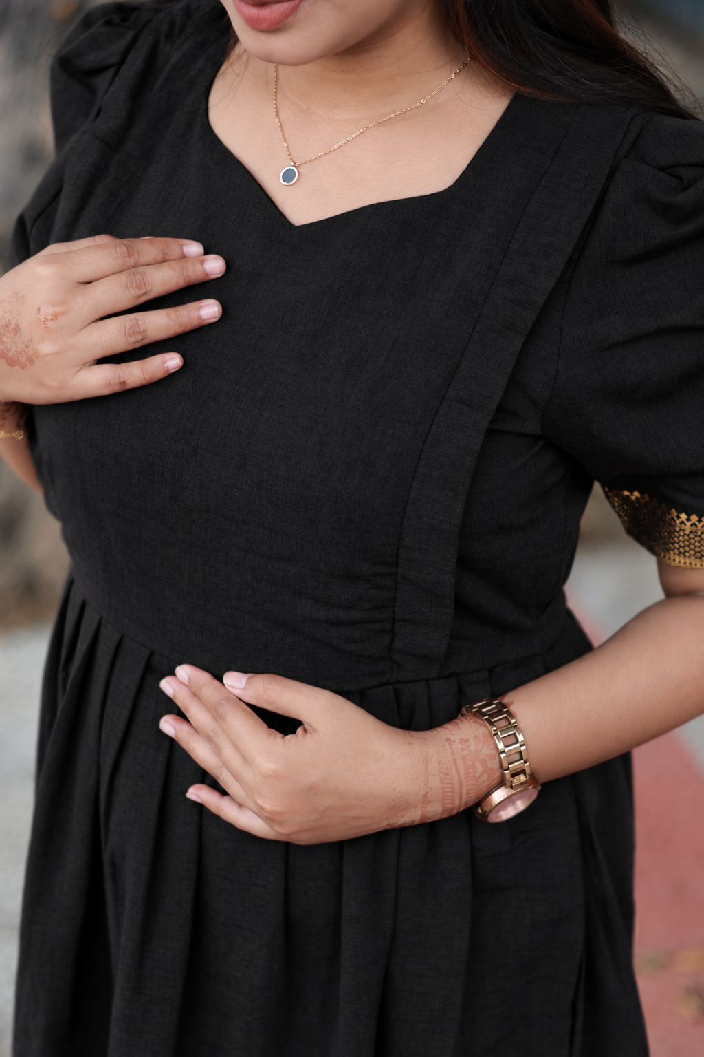 Chettinad Cotton -2 pc set -Maternity Maxi/Gown - Festival Collection -Full cotton lining- Double side zip with dupatta- Black and sandal