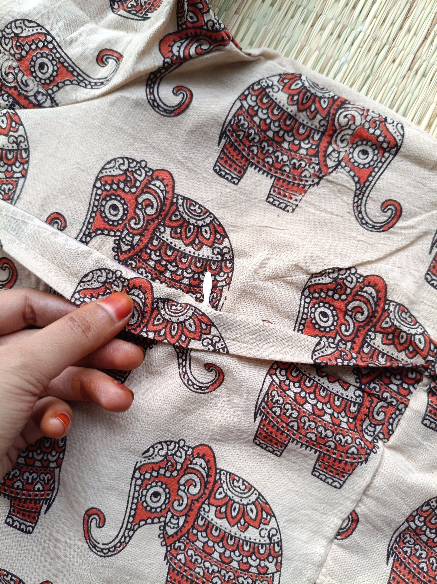 Block printed kalamkari cotton Maternity 2 pc chudidhar set [ Top with double side zip, and dupatta - Orange elephant