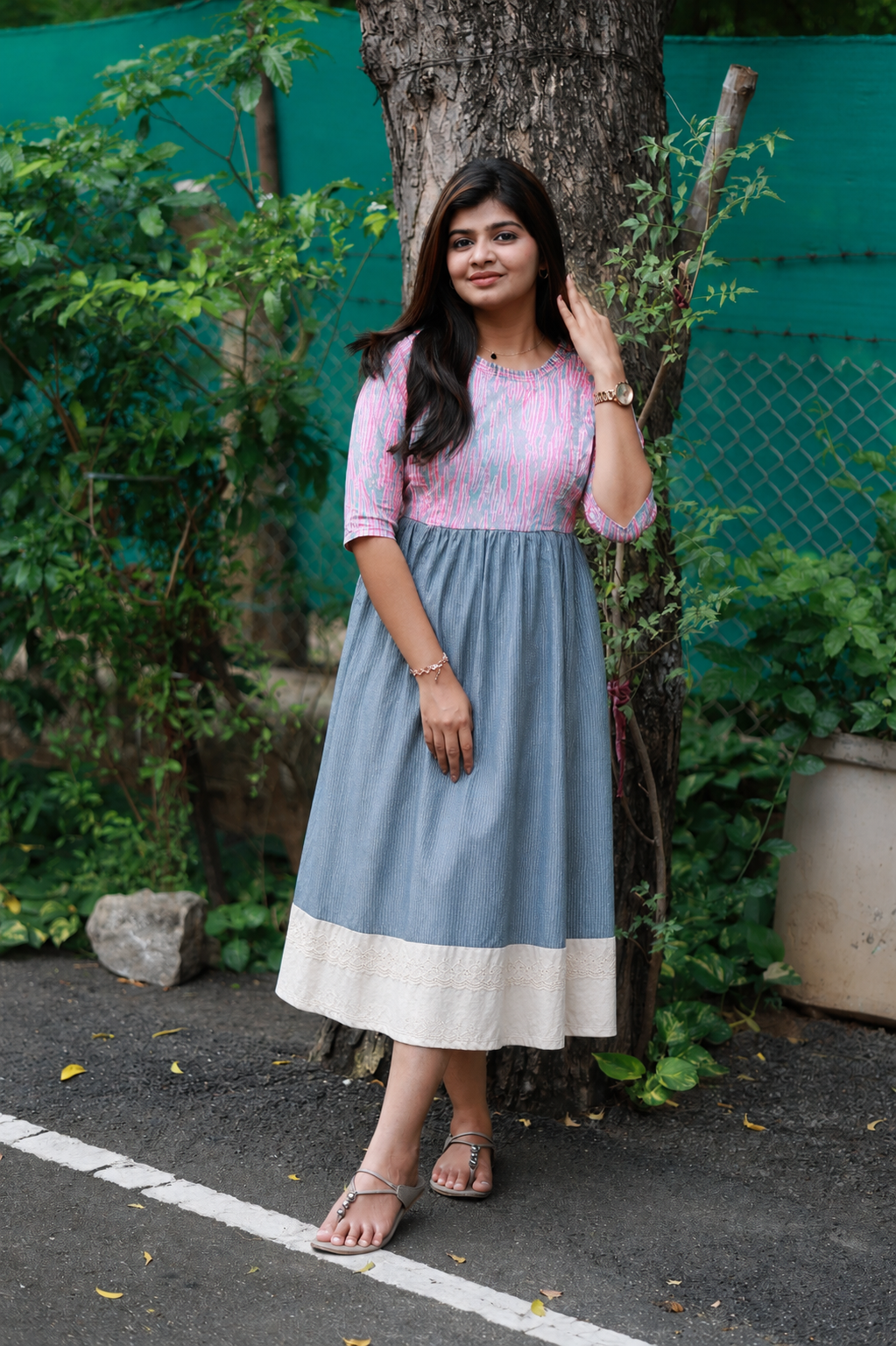 Cotton Maternity Midi/ maxi/ Gown - Grey and pink -(Full lining)