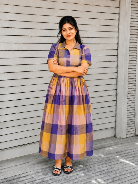 Madras checks Cotton - Feeding/ Maternity Maxi/Gown - Cotton lining /Center zip -Collar Yellow and blue