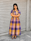 Madras checks Cotton - Feeding/ Maternity Maxi/Gown - Cotton lining /Center zip -Collar Yellow and blue