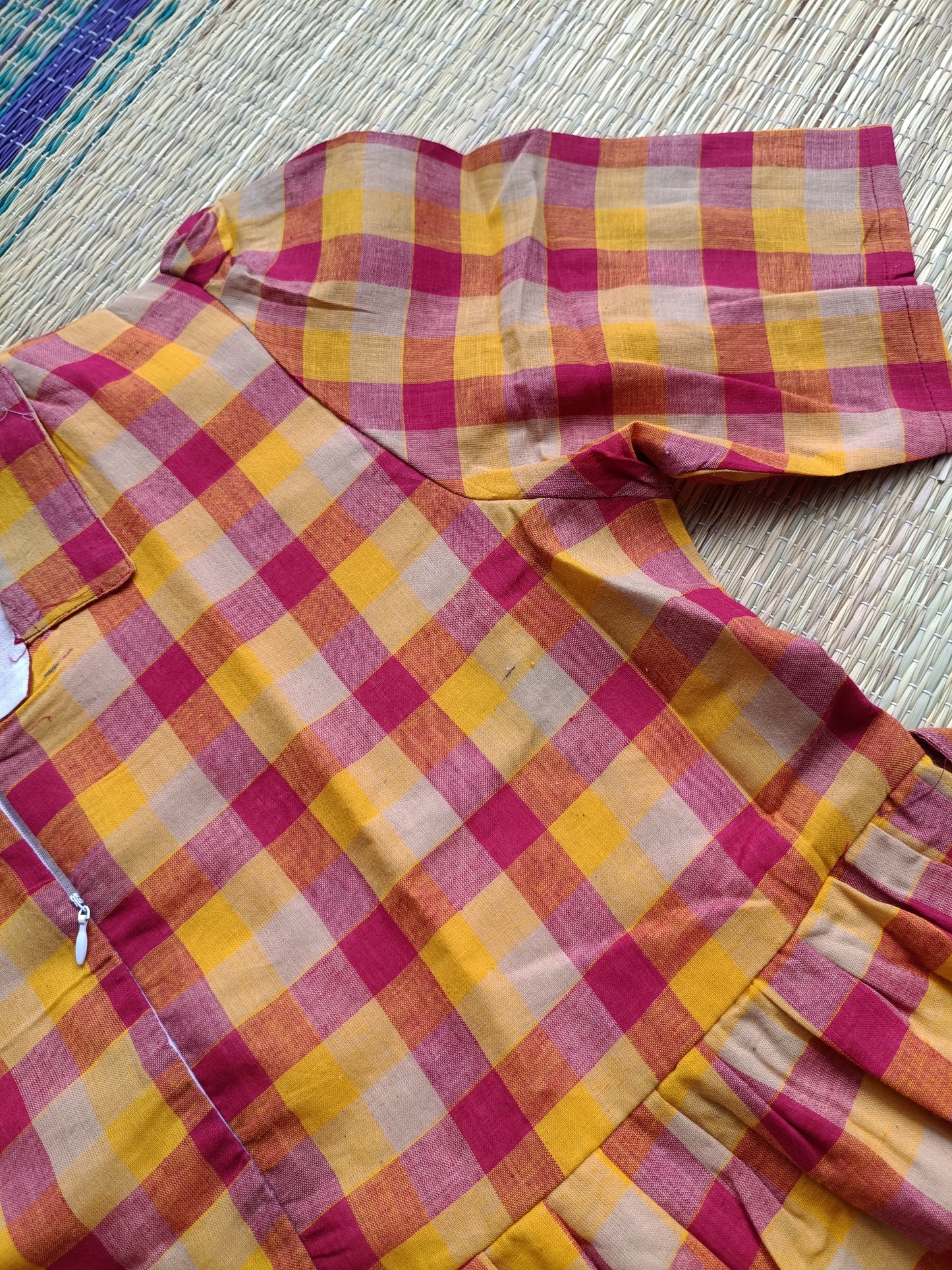 Madras checks Cotton - Feeding/ Maternity Maxi/Gown - Cotton lining /Center zip -Small check yellow and red