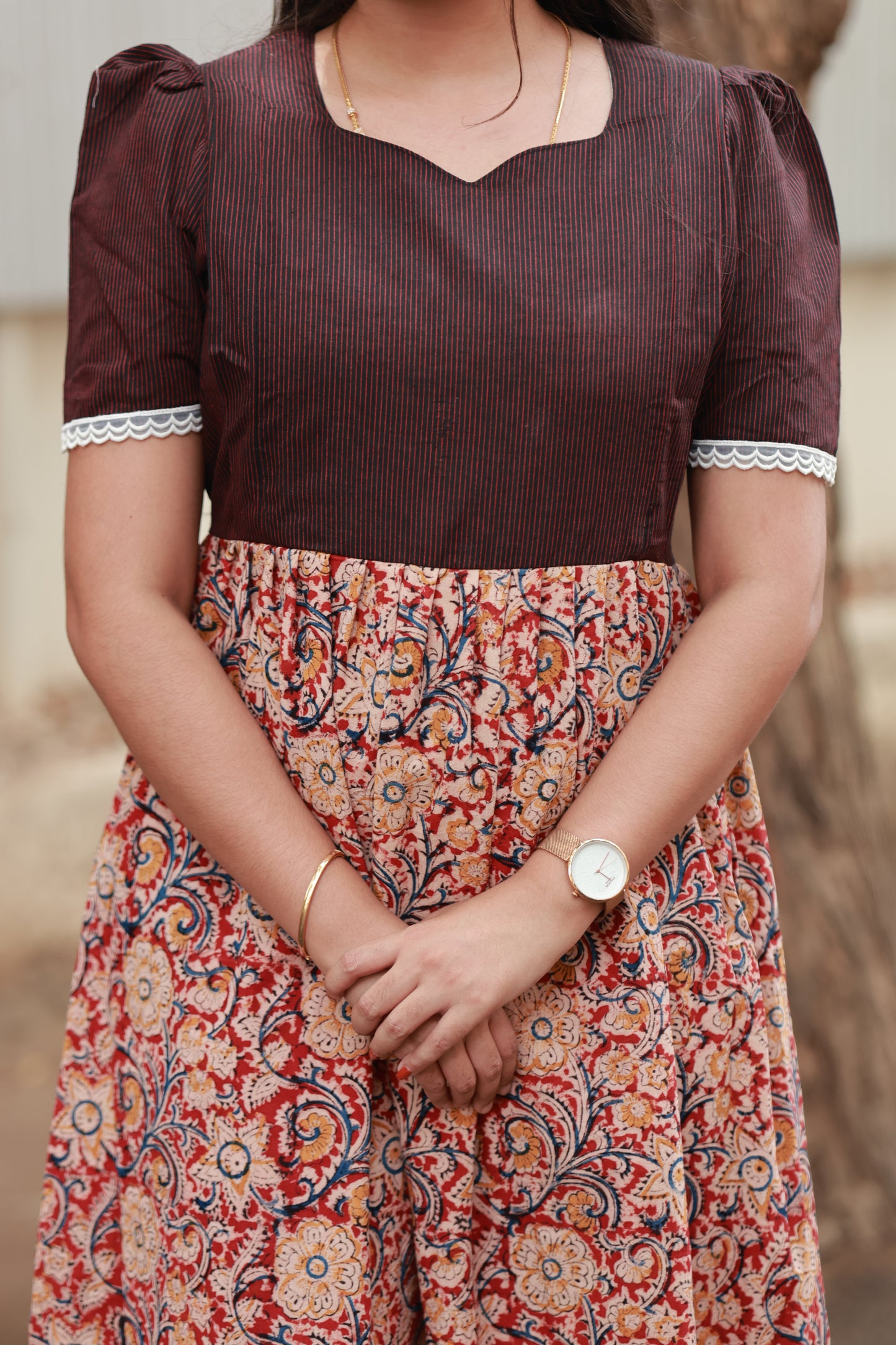 Kalamkari Cotton - Feeding/Maternity- Maxi/Gowns- Double side zip- Elegant maroon yoke design, Contrast Kalamkari pane.