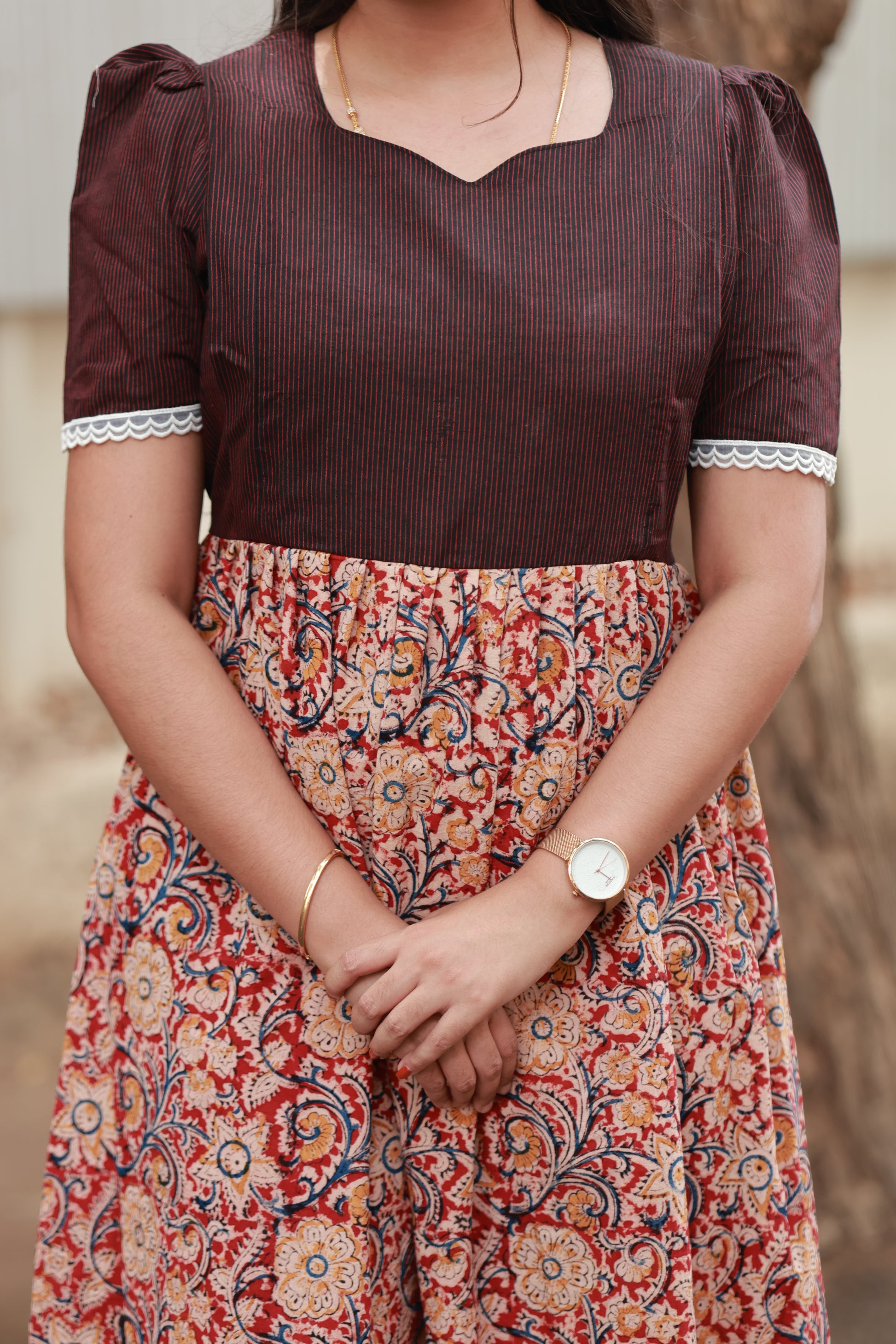 Kalamkari Cotton - Feeding/Maternity- Maxi/Gowns- Double side zip- Elegant maroon yoke design, Contrast Kalamkari pane.