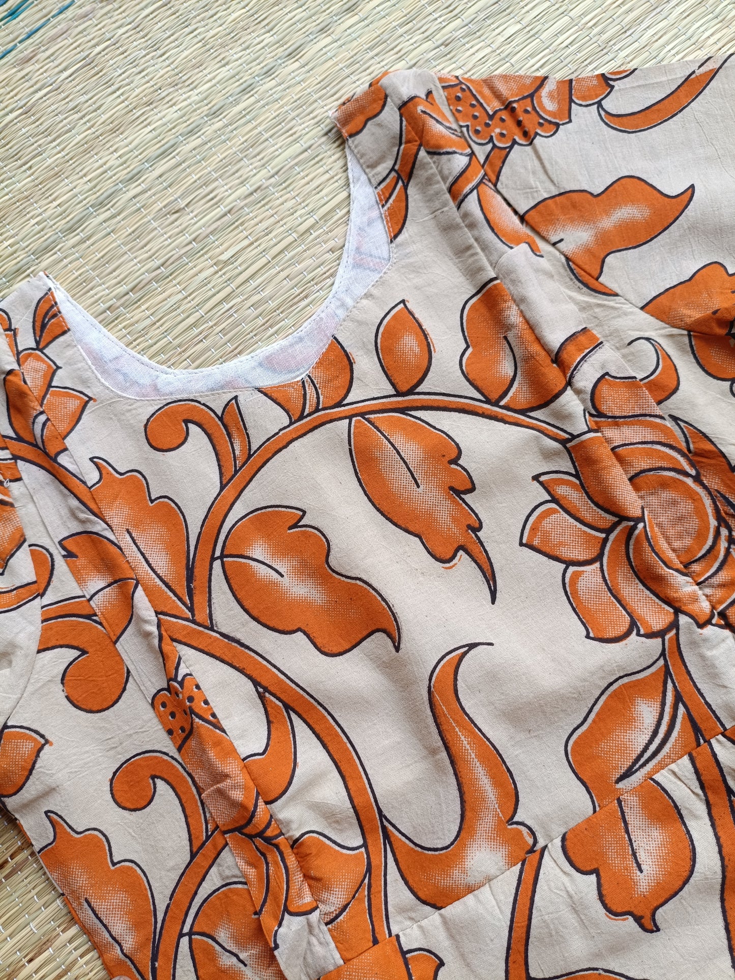 Block printed kalamkari cotton Maternity 2 pc chudidhar set [ Top with double side zip, and dupatta - Orange flower