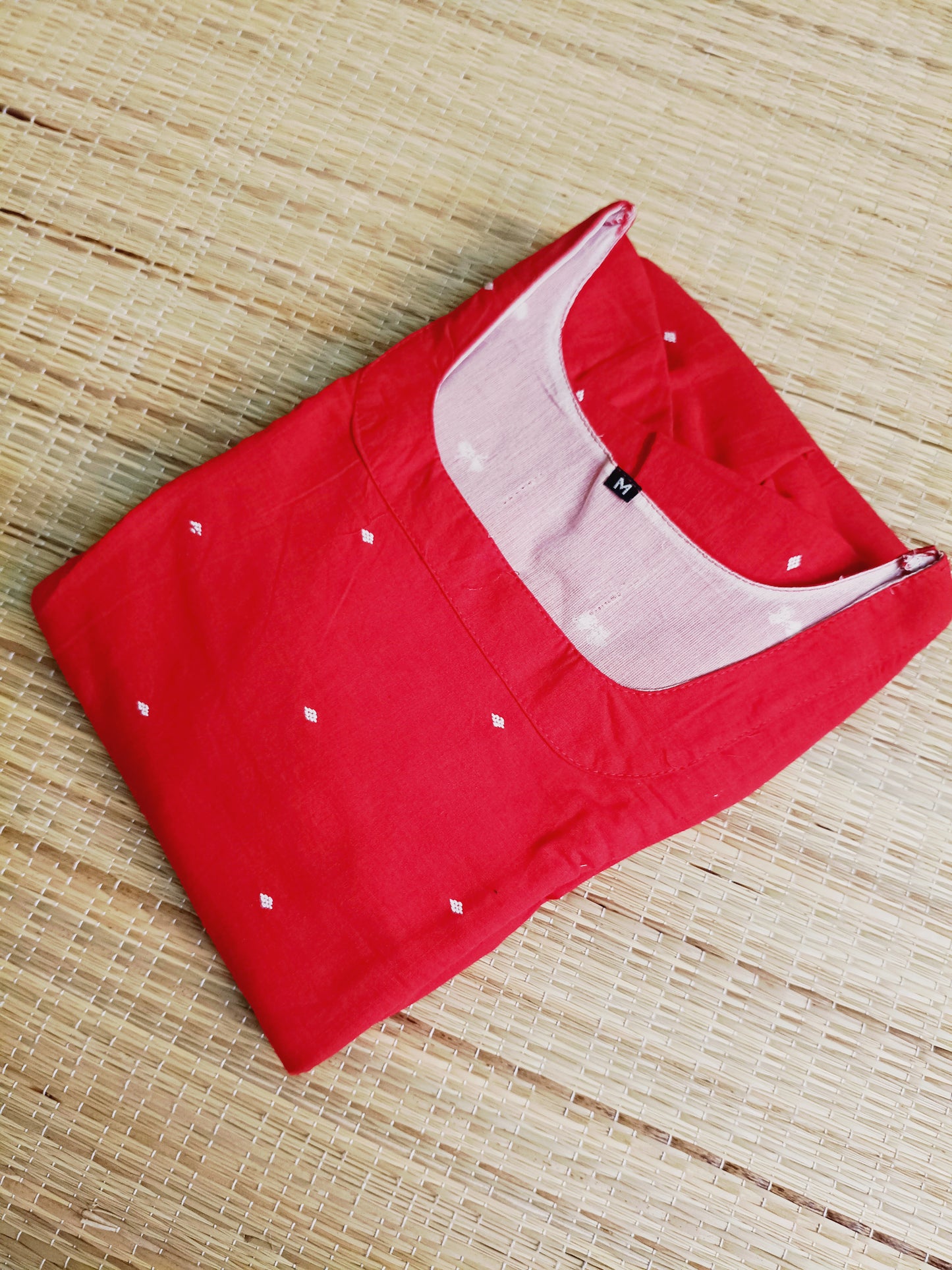 Prewashed Handloom Cotton Maternity Feeding Gown/Maxi /Double Side Zip- Red with white butta