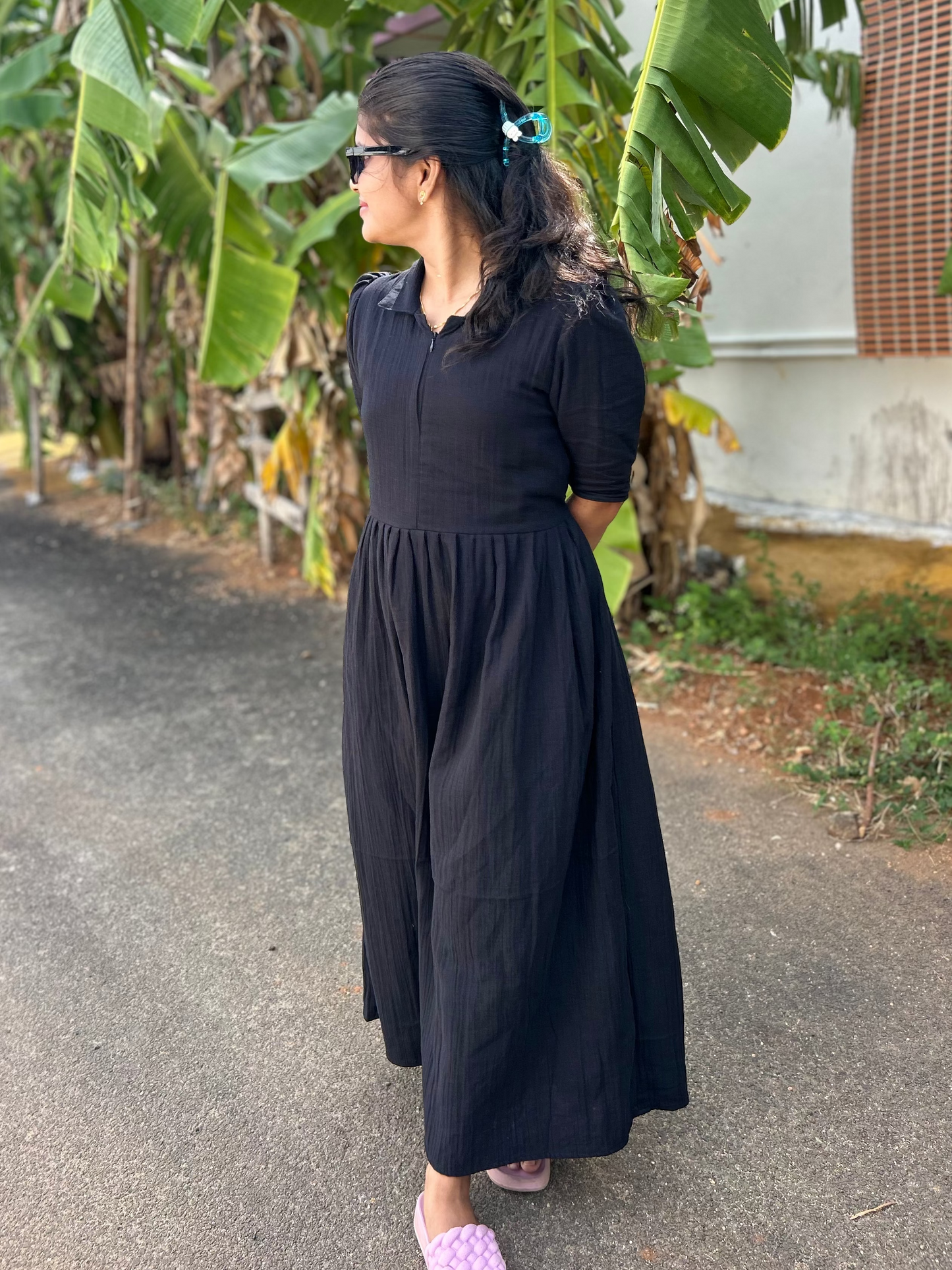 Maxi/ Gown-  Premium Muslin -  Maternity/Center zip - Self black Muslin