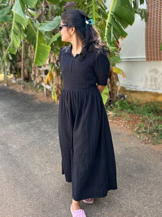 Maxi/ Gown-  Premium Muslin -  Maternity/Center zip - Self black Muslin