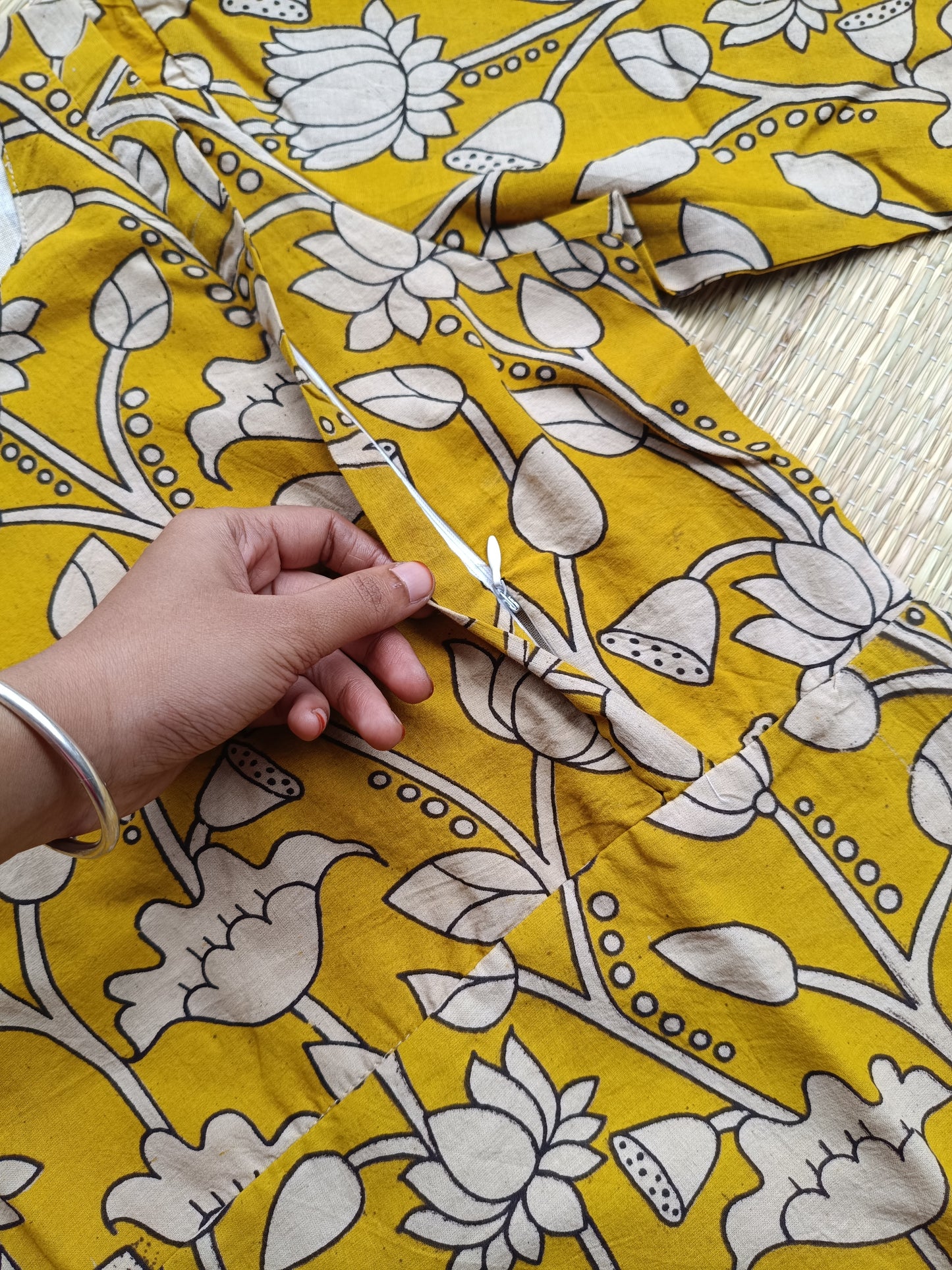 Block printed kalamkari cotton Maternity 2 pc chudidhar set [ Top with double side zip, and dupatta -Yellow flower