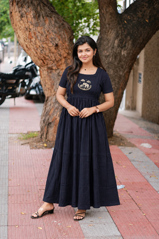 Muslin Cotton Maternity Feeding Dress – Black | Double Side Nursing Zip( elephant embroidery Design)