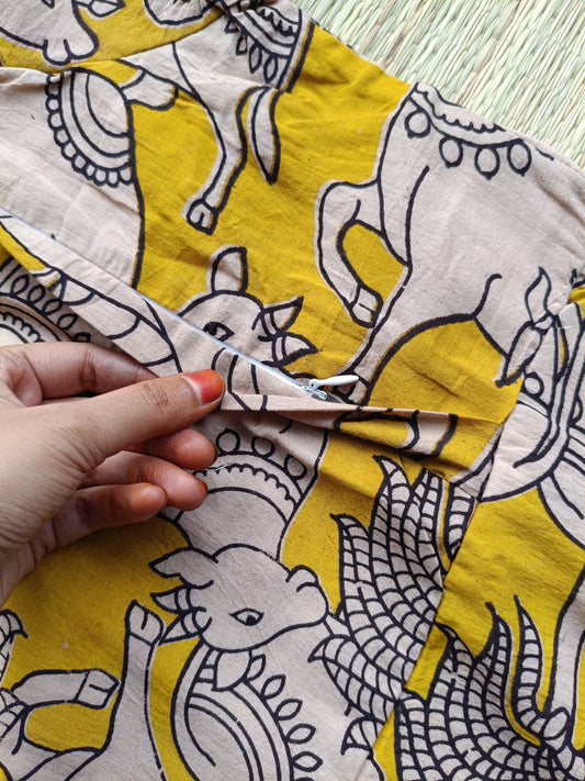 Block printed kalamkari cotton Maternity 2 pc chudidhar set [ Top with double side zip, and dupatta - Yellow pichwai