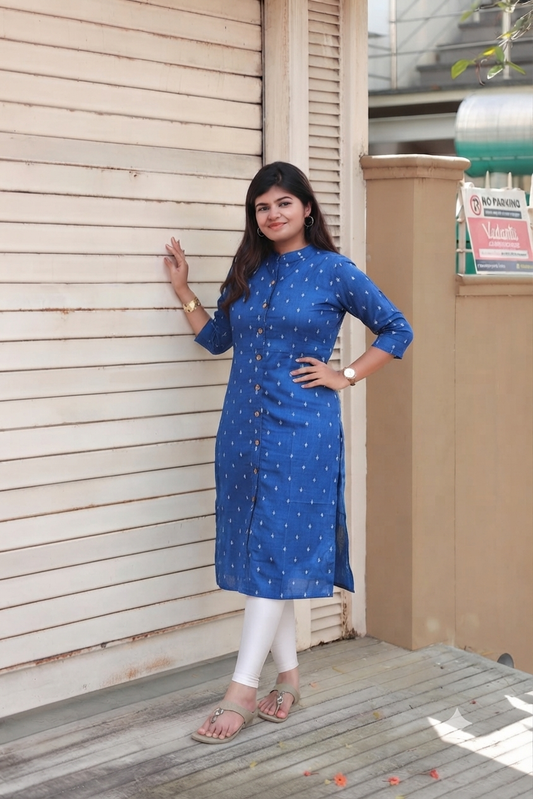 Raw silk Kurti/ Front 4 button operable( optional feeding) -used to Normal wear kurti - Blue