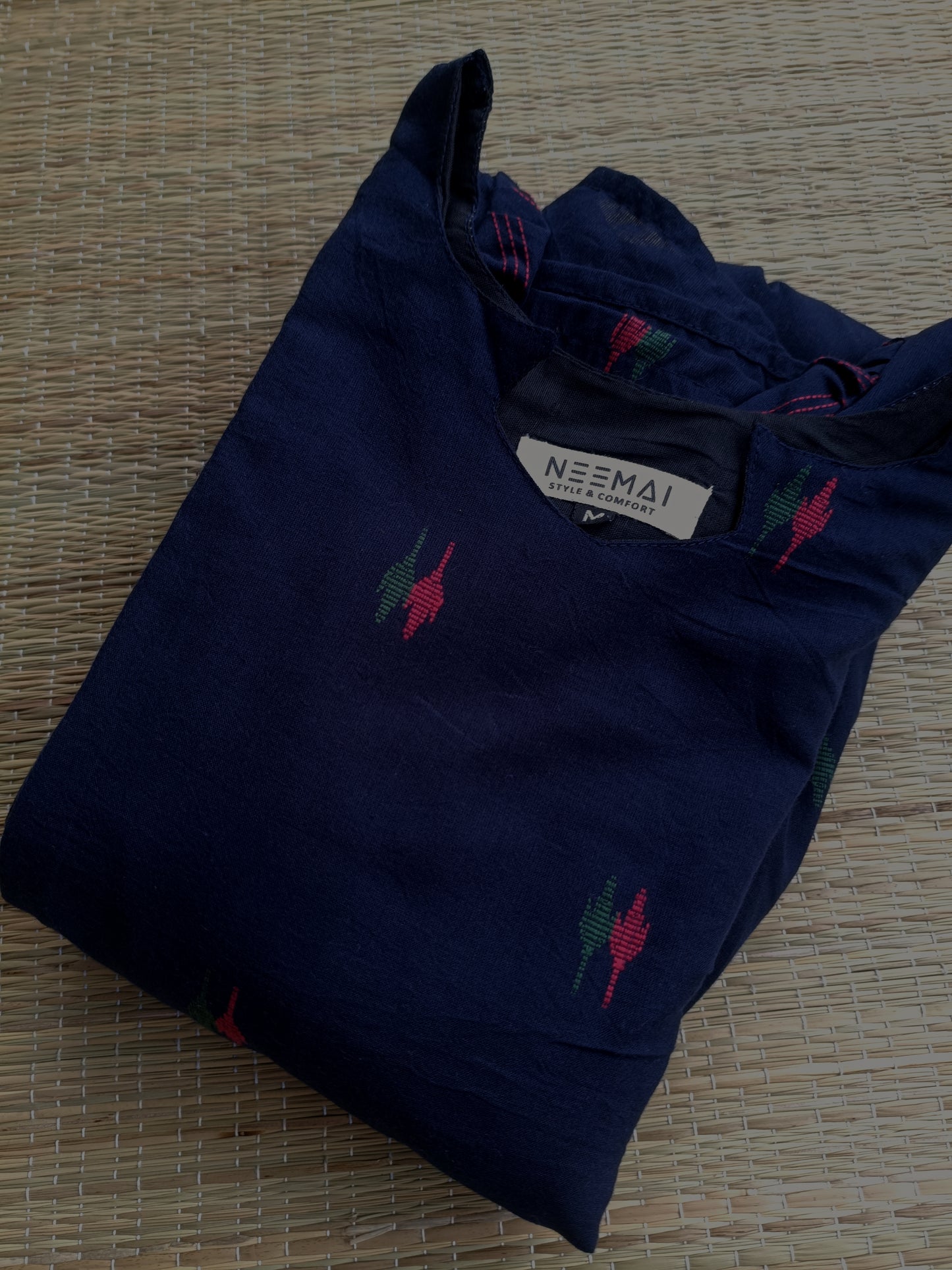Handloom Cotton Maternity Feeding Gown/ maxi / Double side zip–Navy blue with Red green butta