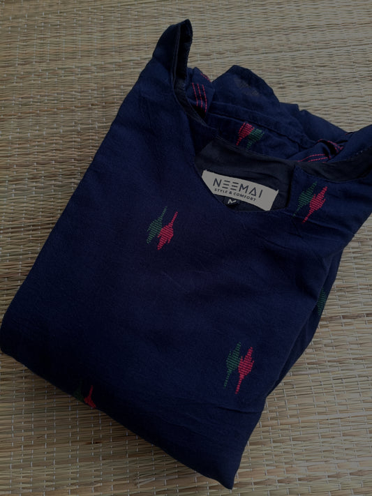 Handloom Cotton Maternity Feeding Gown/ maxi / Double side zip–Navy blue with Red green butta