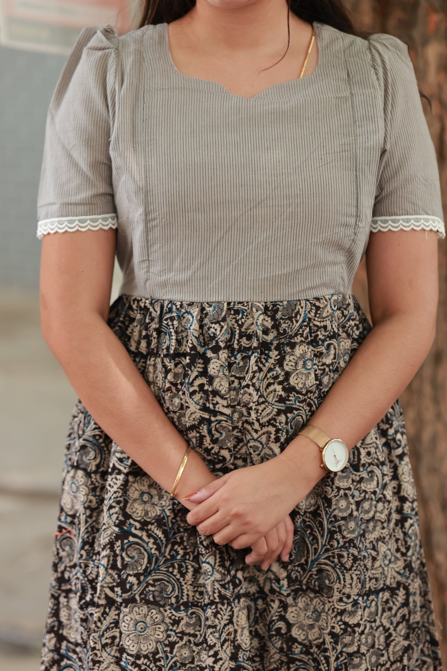  Kalamkari Cotton - Feeding/Maternity- Maxi/Gowns- Elegant grey yoke design, Contrast Kalamkari panel, Minimal yet classy look.