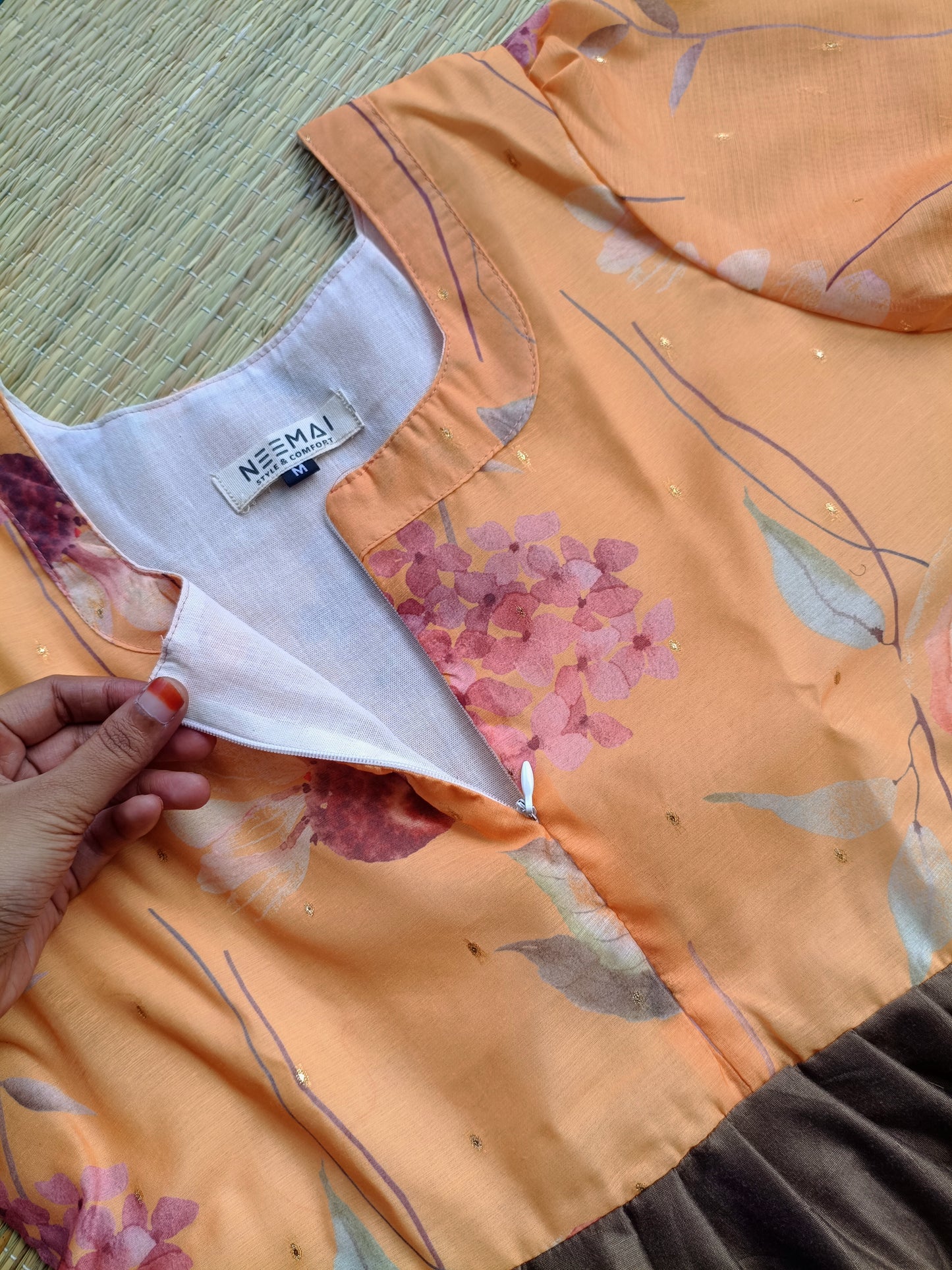 Raw silk Maternity Maxi/Gown in center zip - Festival Collection- Full cotton lining - Brown with orange flower