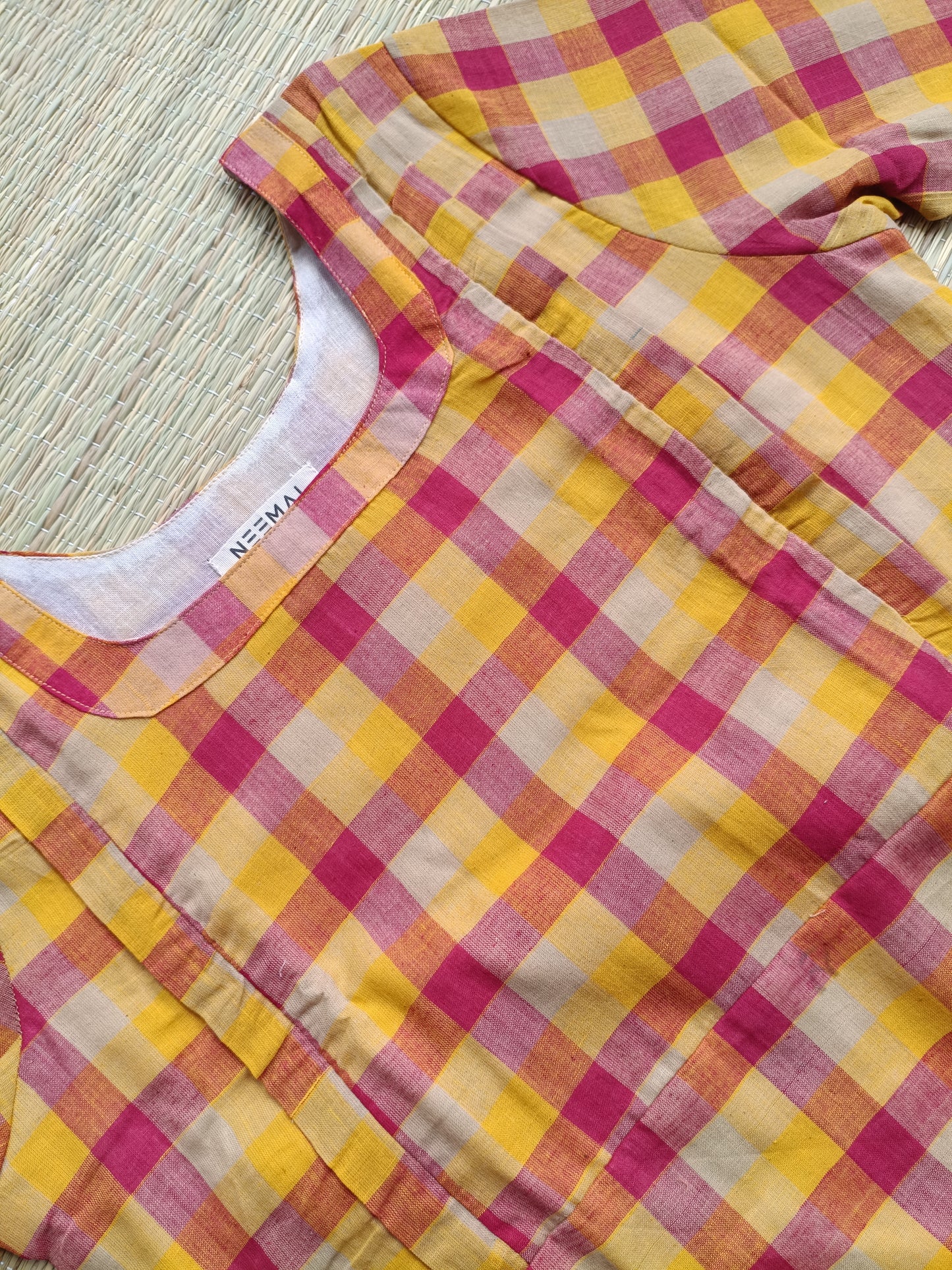 Madras check/ cotton Maternity 2 pc chudidhar set [ Top with double side zip, and Pant - Small Pink and yellow checks